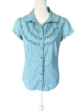 LOFT women's sage green short sleeve collared button down ruffle blouse size 4